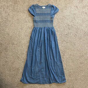 Bohme Blue Cotton Midi/Maxi Dress | Denim Chambray Ruched Stitching Lightweight